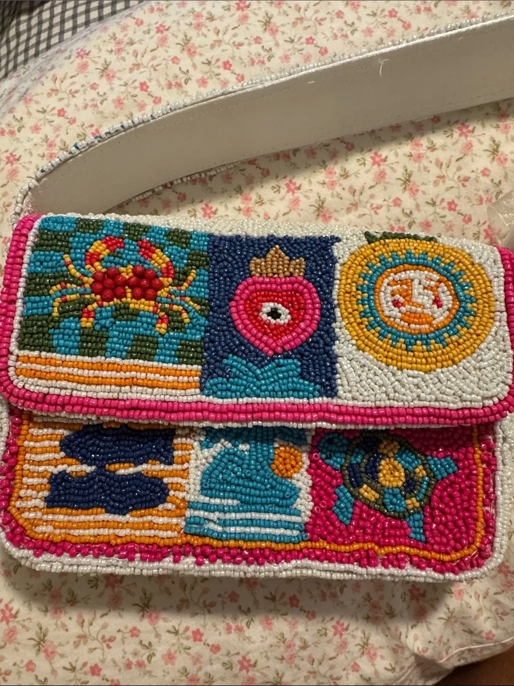Hand-Beaded Multicolor Crossbody Bag - Pink/Blue Accents